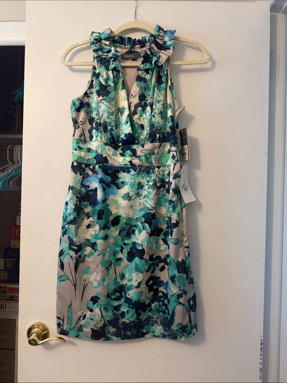 Donna Ricco silk Teal, Navy & Cream Floral Ruffle-Neck Mini Dress with V-Neck